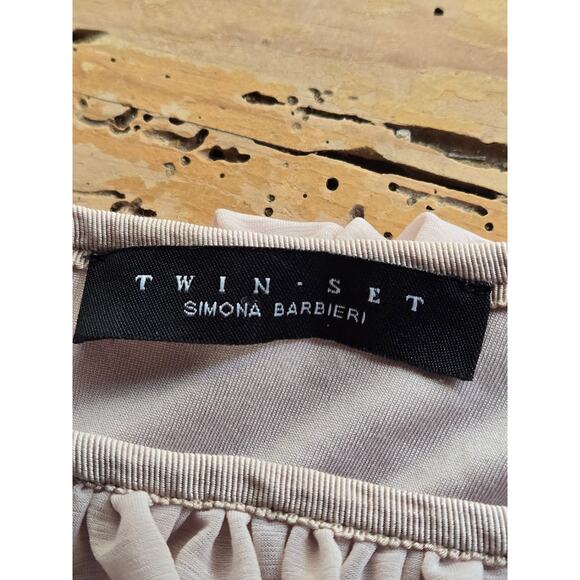 Twin Set by Simona Barbieri Flounced Ruffled Sleeveless Tulle Beige Dress Size L - Picture 9 of 10